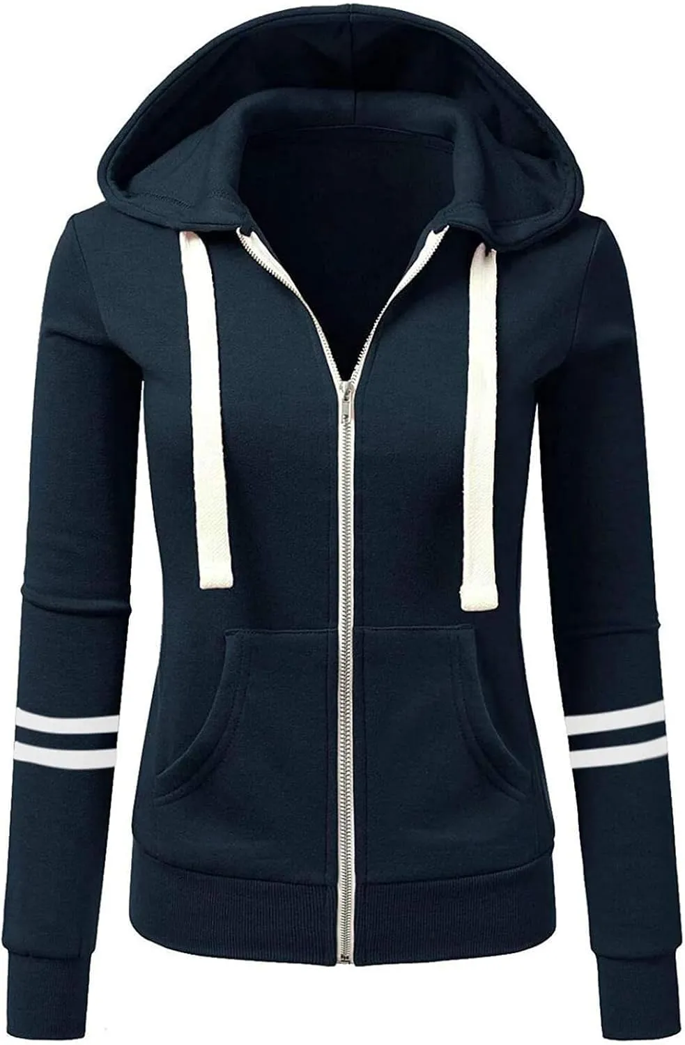 Womens Lightweight Hoodies Full-Zip Casual Hooded Jacket Color Block Slim Sweatshirt Long Sleeve Tops with Pockets