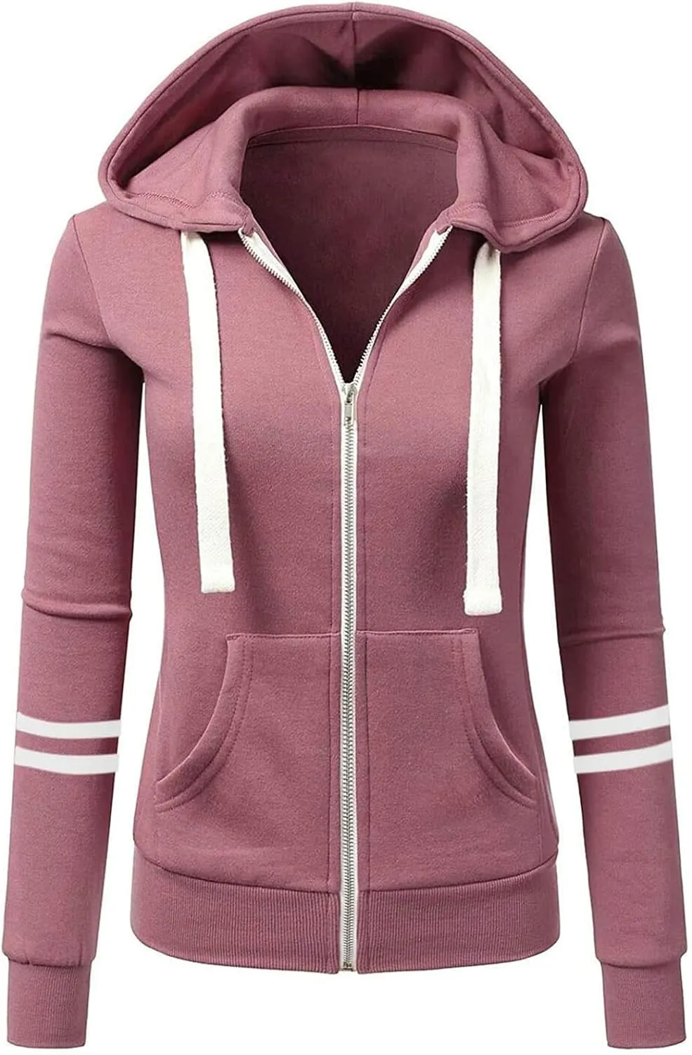 Womens Lightweight Hoodies Full-Zip Casual Hooded Jacket Color Block Slim Sweatshirt Long Sleeve Tops with Pockets