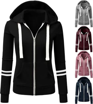 Womens Lightweight Hoodies Full-Zip Casual Hooded Jacket Color Block Slim Sweatshirt Long Sleeve Tops with Pockets