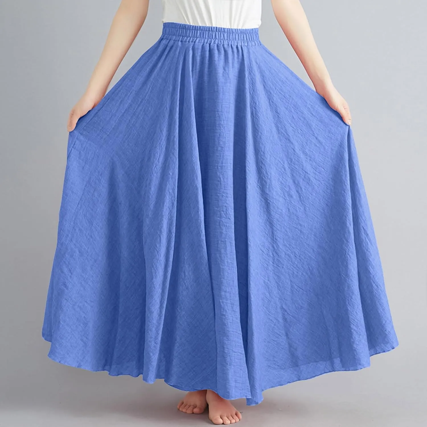 Womens Linen Maxi Skirts Solid Color Elastic Waist Pleated Beach Bohemian Long Skorts Casual Flowy Swing Maxi Skirt