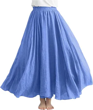 Womens Linen Maxi Skirts Solid Color Elastic Waist Pleated Beach Bohemian Long Skorts Casual Flowy Swing Maxi Skirt