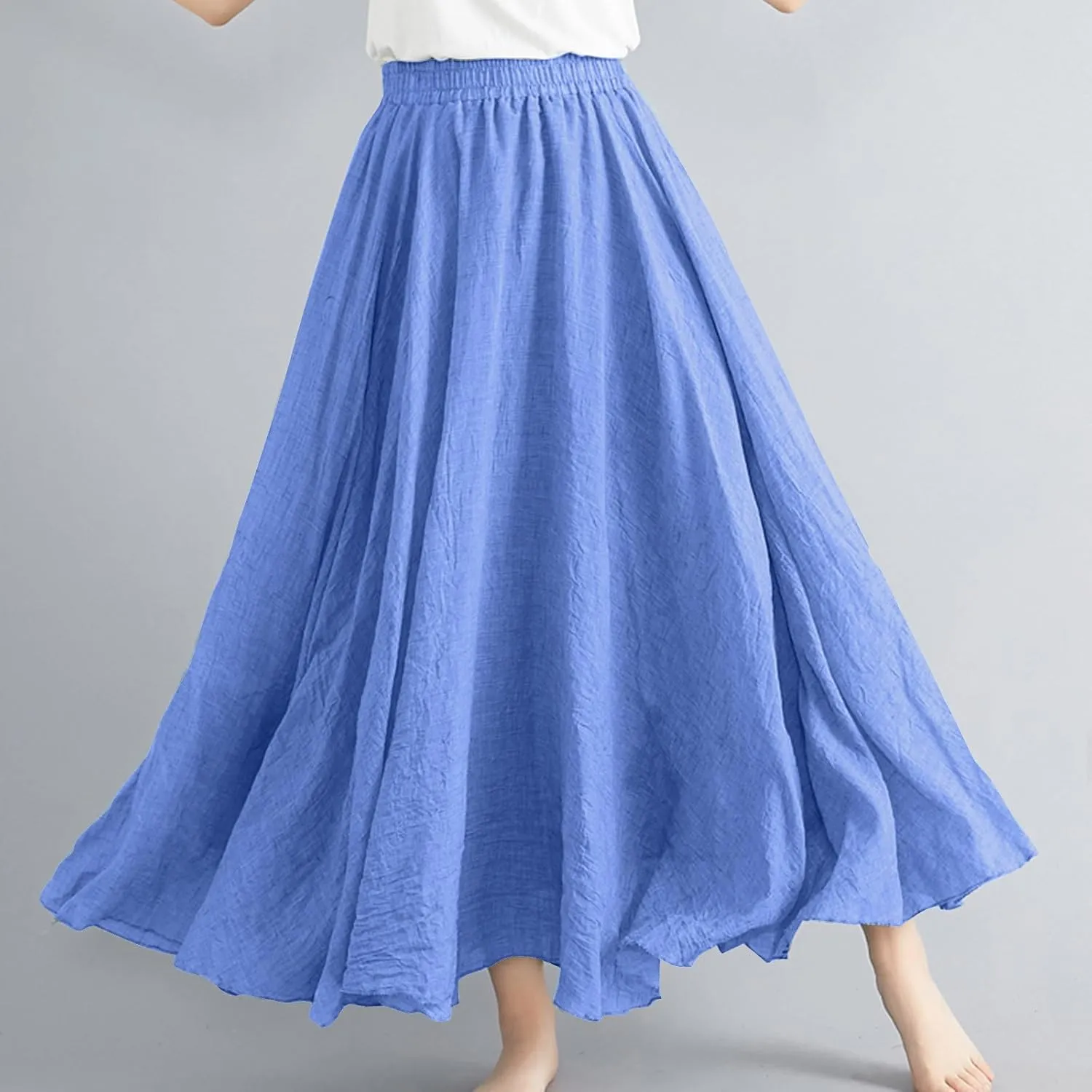 Womens Linen Maxi Skirts Solid Color Elastic Waist Pleated Beach Bohemian Long Skorts Casual Flowy Swing Maxi Skirt