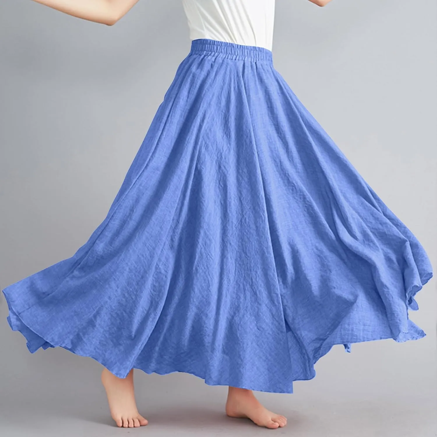 Womens Linen Maxi Skirts Solid Color Elastic Waist Pleated Beach Bohemian Long Skorts Casual Flowy Swing Maxi Skirt