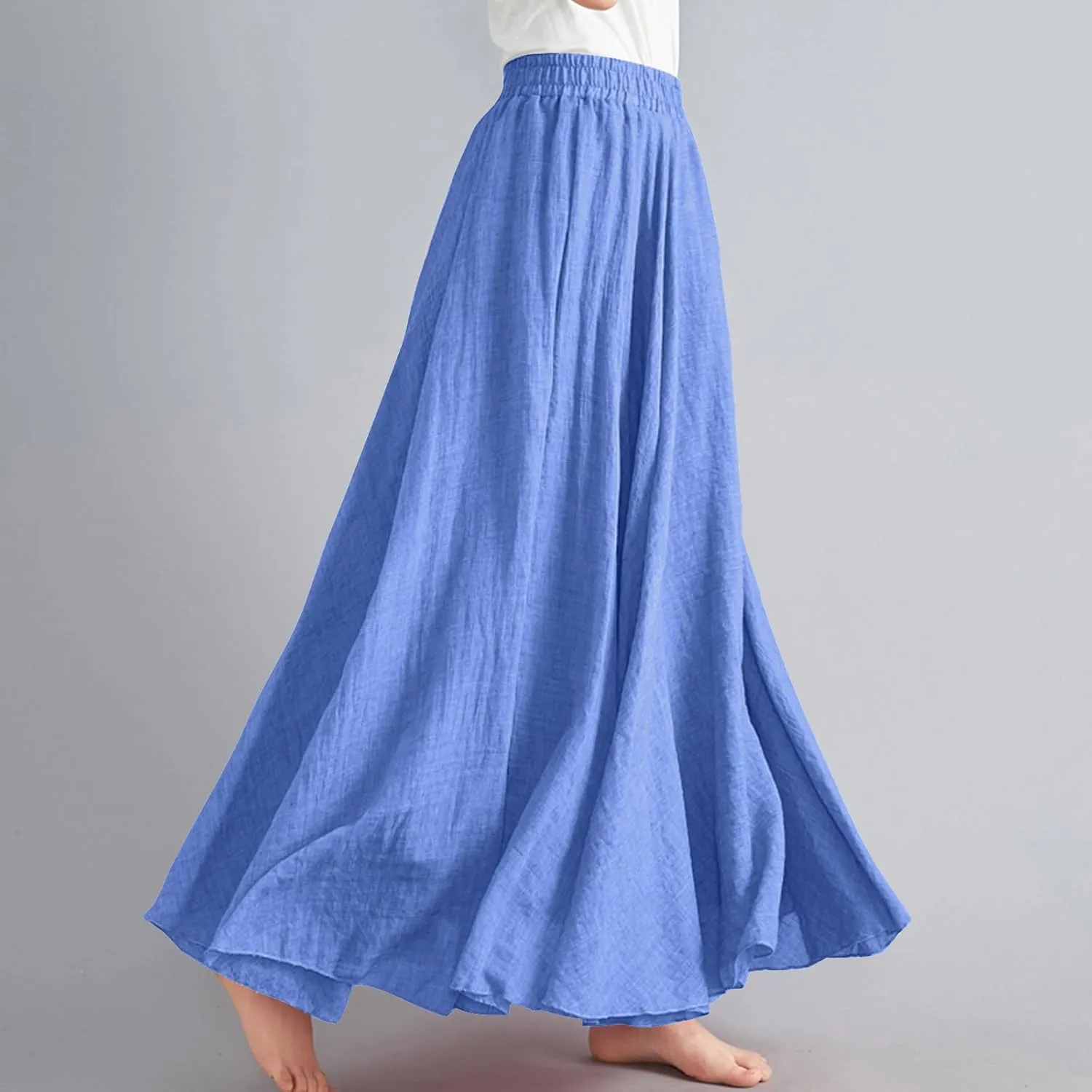 Womens Linen Maxi Skirts Solid Color Elastic Waist Pleated Beach Bohemian Long Skorts Casual Flowy Swing Maxi Skirt