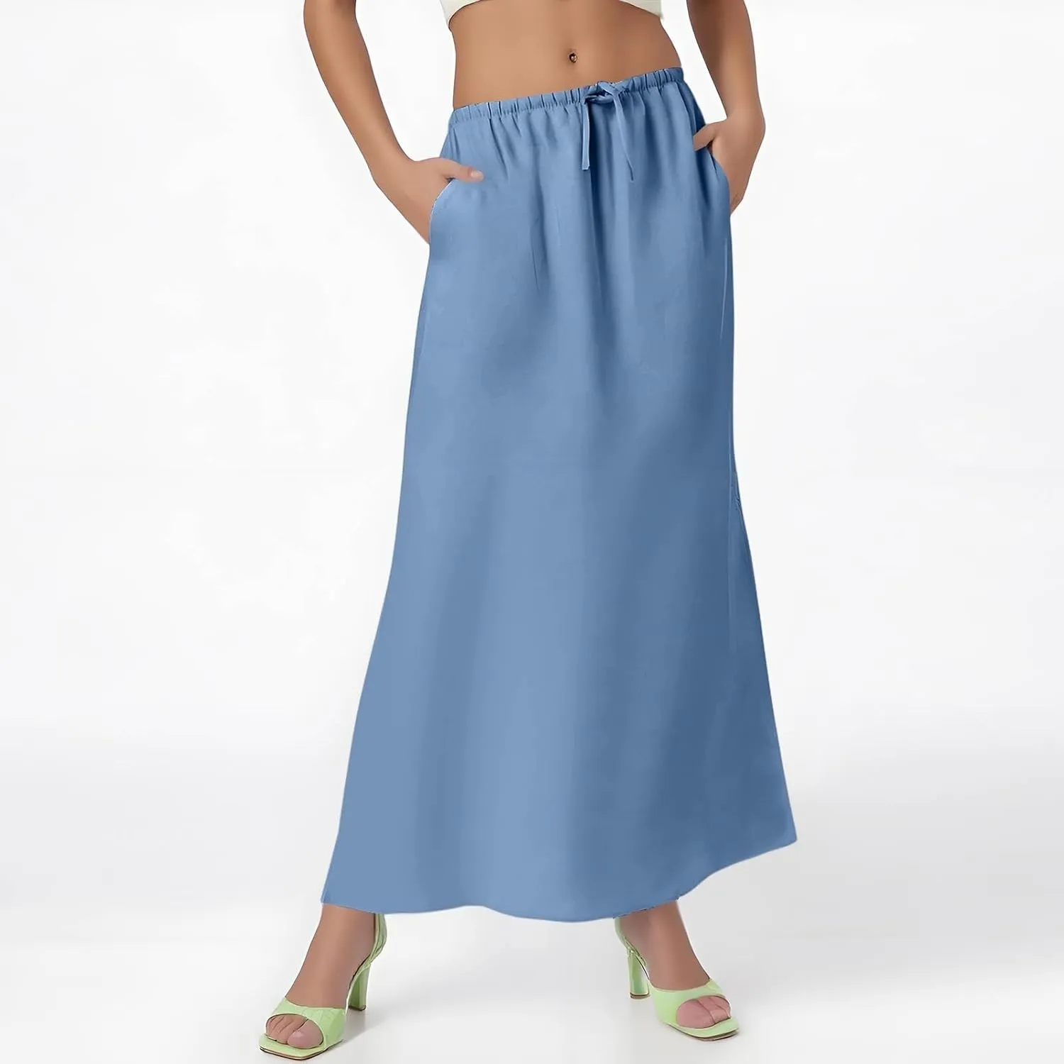 Womens Linen Skirt Maxi Summer Drawstring Elastic Aline Skirt Formal Back Slit Work Long Skirts (S-2Xl)