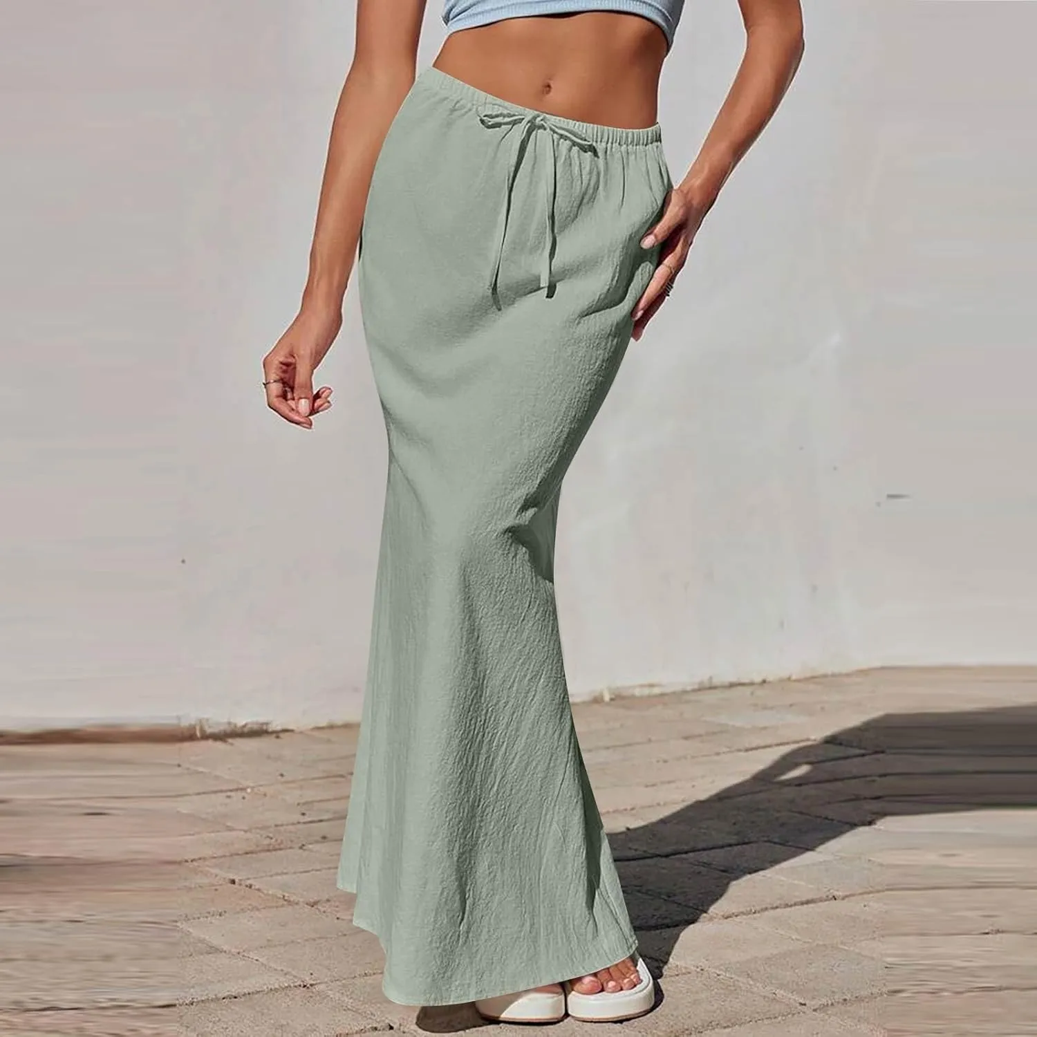 Womens Linen Skirt Maxi Summer Drawstring Elastic Aline Skirt Formal Back Slit Work Long Skirts (S-2Xl)