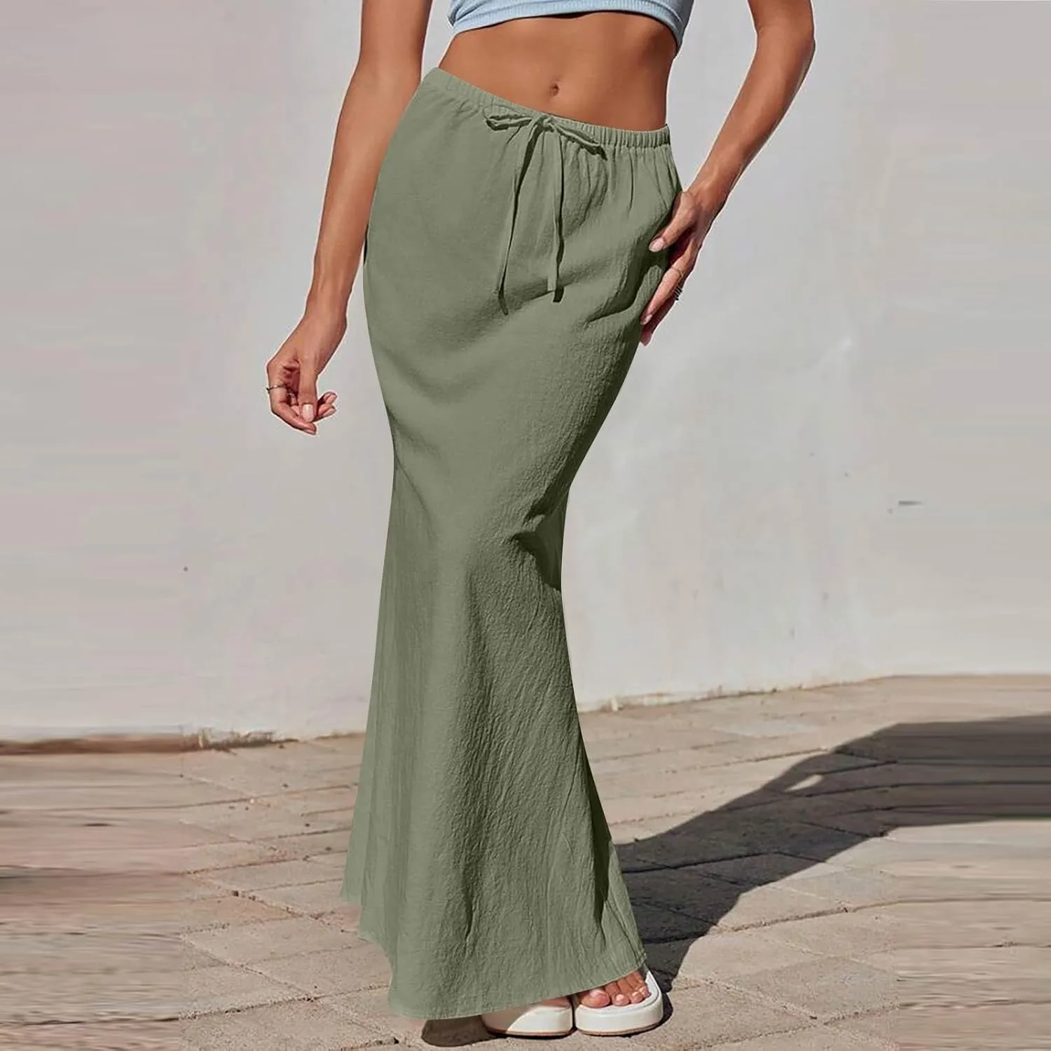 Womens Linen Skirt Maxi Summer Drawstring Elastic Aline Skirt Formal Back Slit Work Long Skirts (S-2Xl)