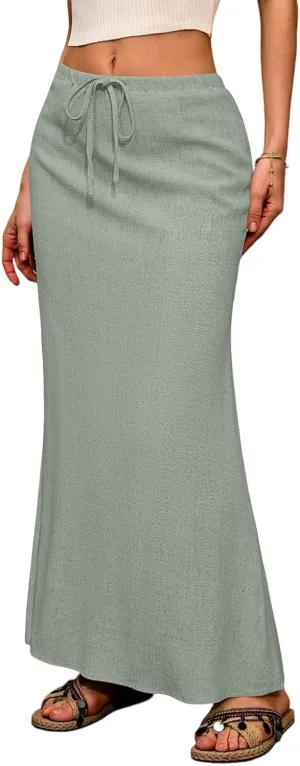 Womens Linen Skirt Maxi Summer Drawstring Elastic Aline Skirt Formal Back Slit Work Long Skirts (S-2Xl)