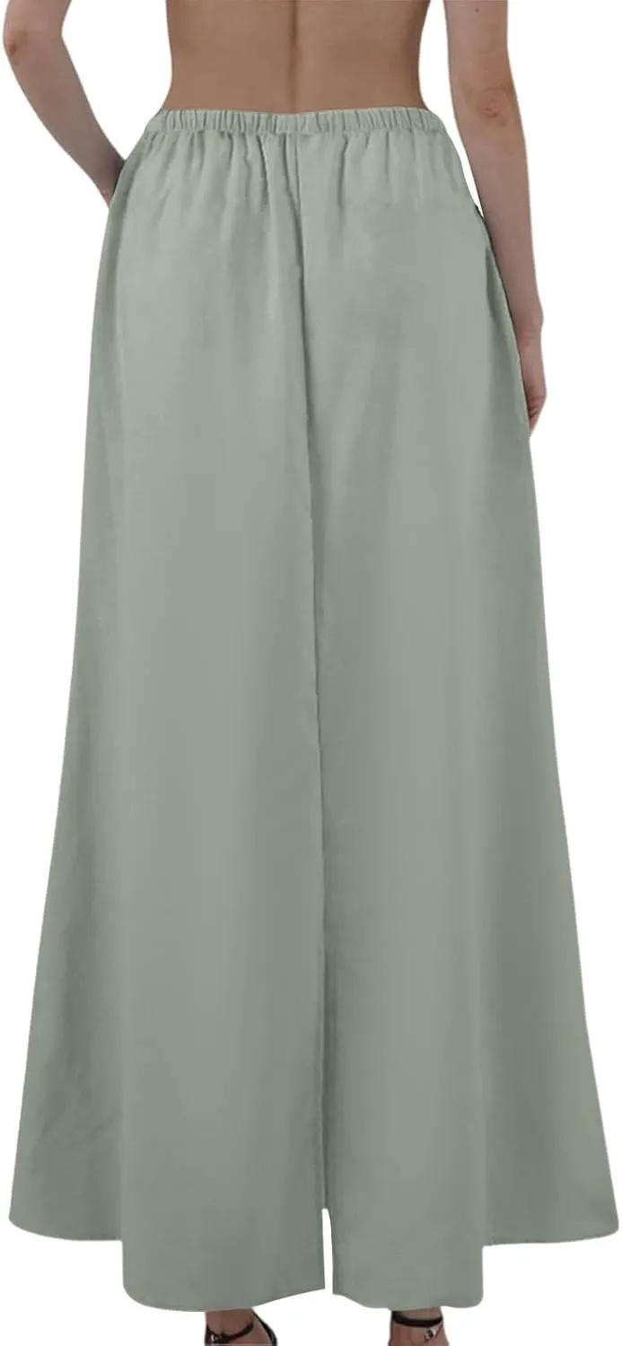 Womens Linen Skirt Maxi Summer Drawstring Elastic Aline Skirt Formal Back Slit Work Long Skirts (S-2Xl)