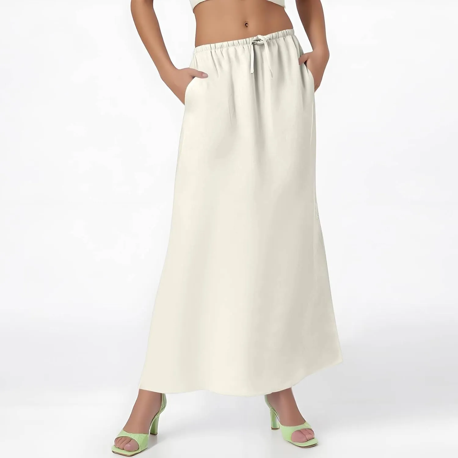 Womens Linen Skirt Maxi Summer Drawstring Elastic Aline Skirt Formal Back Slit Work Long Skirts (S-2Xl)