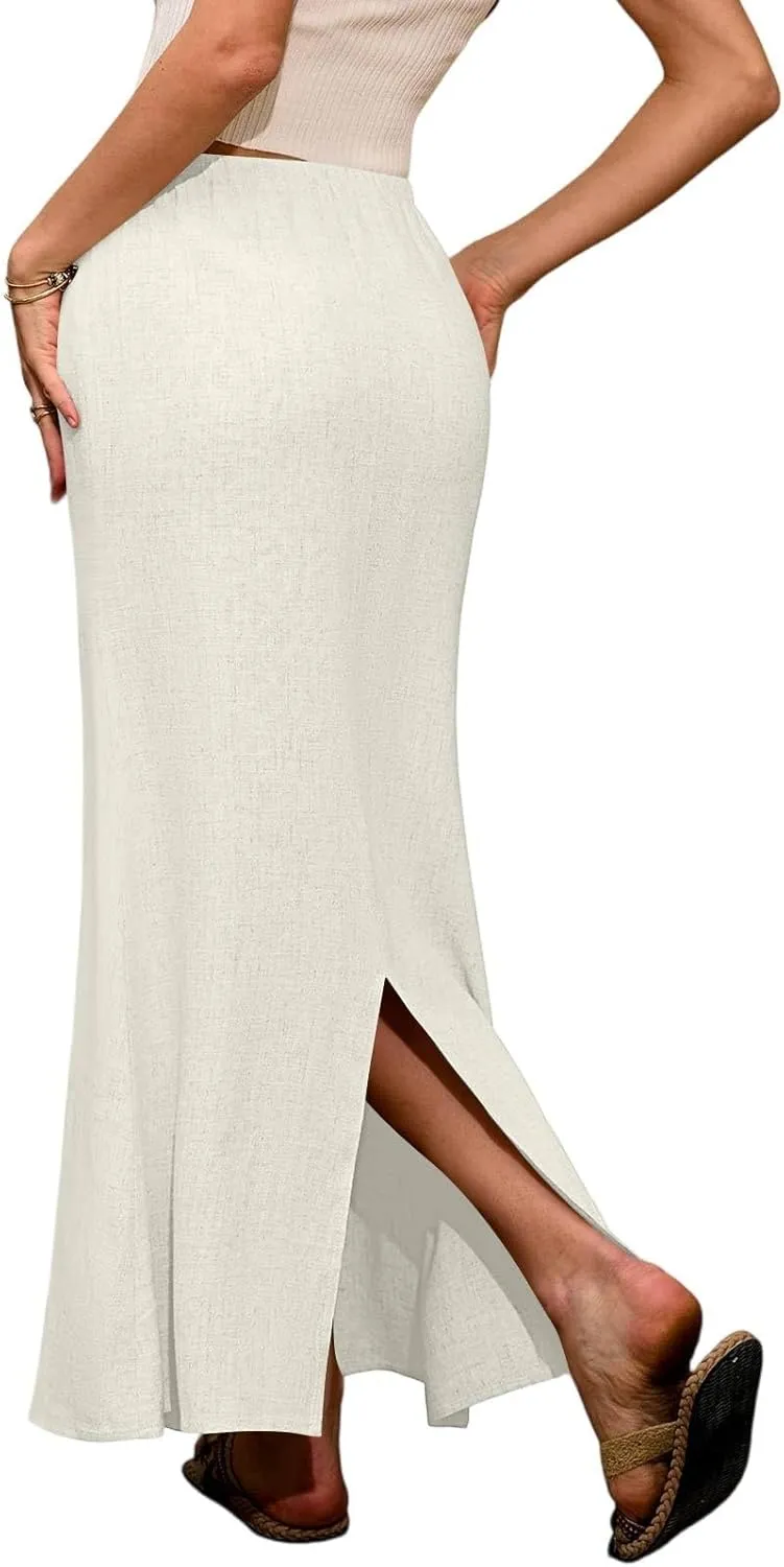 Womens Linen Skirt Maxi Summer Drawstring Elastic Aline Skirt Formal Back Slit Work Long Skirts (S-2Xl)