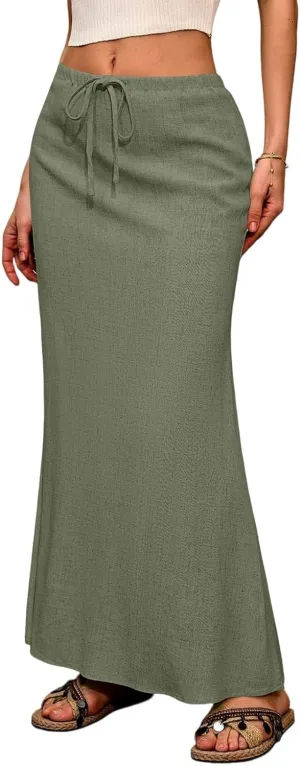 Womens Linen Skirt Maxi Summer Drawstring Elastic Aline Skirt Formal Back Slit Work Long Skirts (S-2Xl)