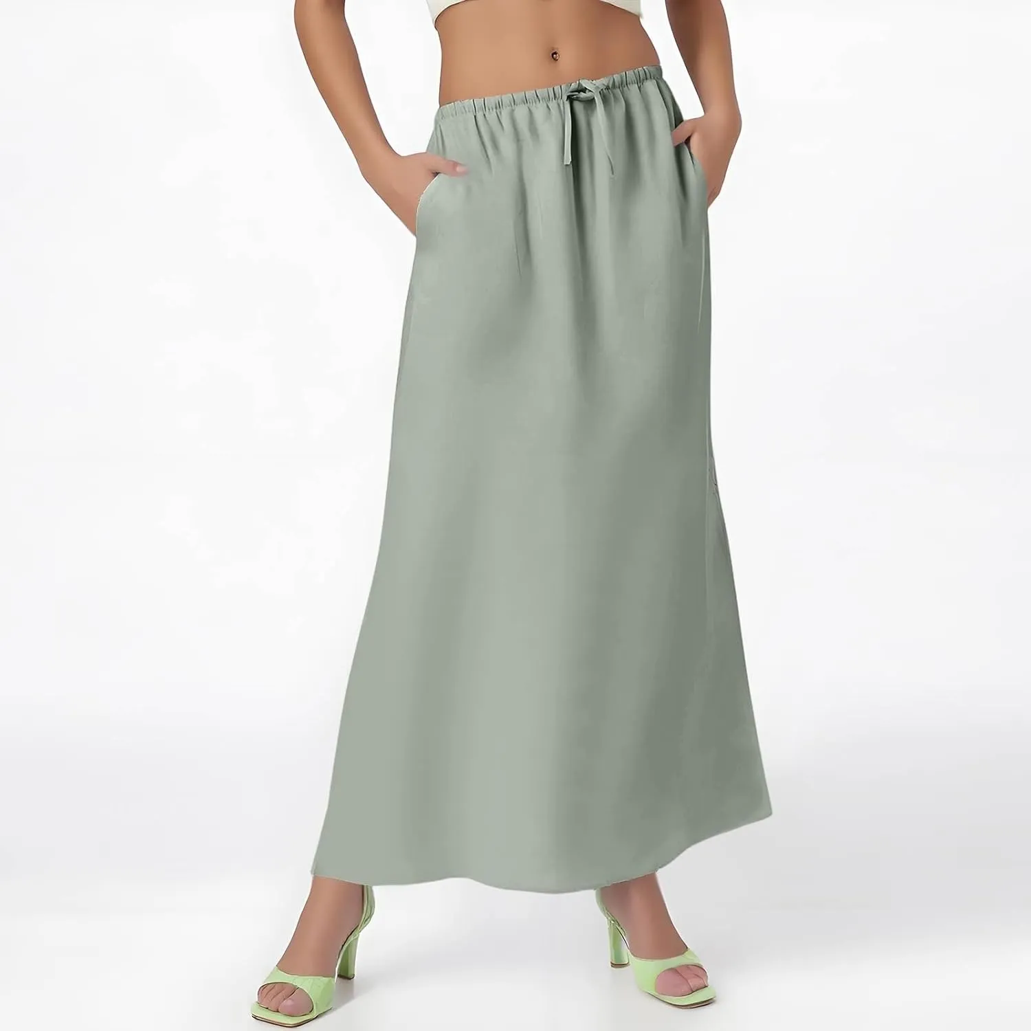 Womens Linen Skirt Maxi Summer Drawstring Elastic Aline Skirt Formal Back Slit Work Long Skirts (S-2Xl)