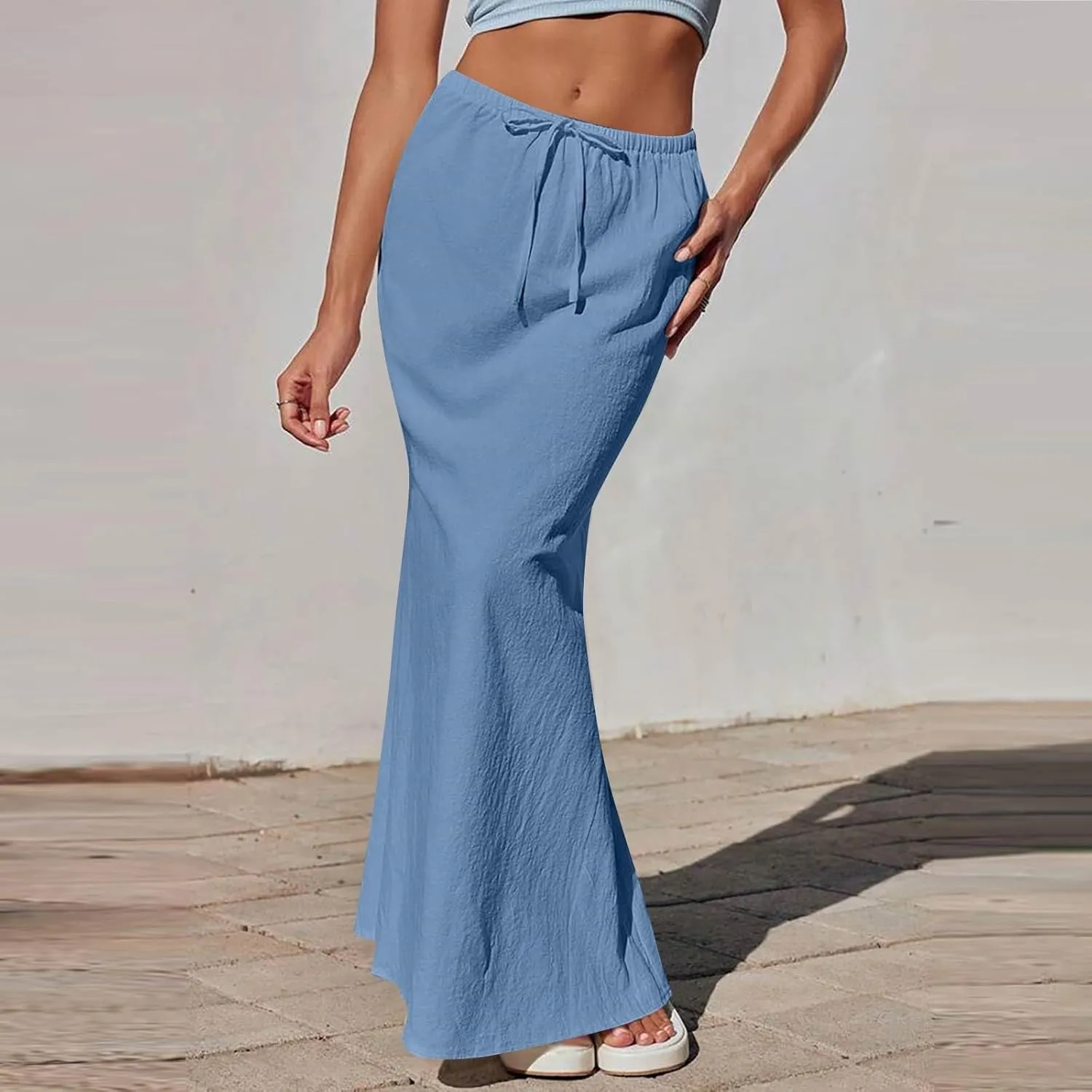 Womens Linen Skirt Maxi Summer Drawstring Elastic Aline Skirt Formal Back Slit Work Long Skirts (S-2Xl)