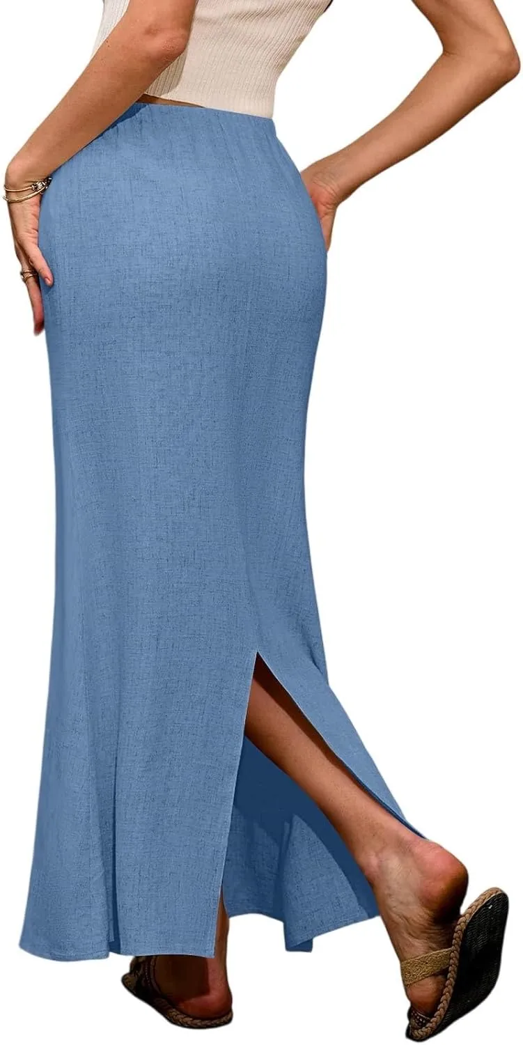 Womens Linen Skirt Maxi Summer Drawstring Elastic Aline Skirt Formal Back Slit Work Long Skirts (S-2Xl)