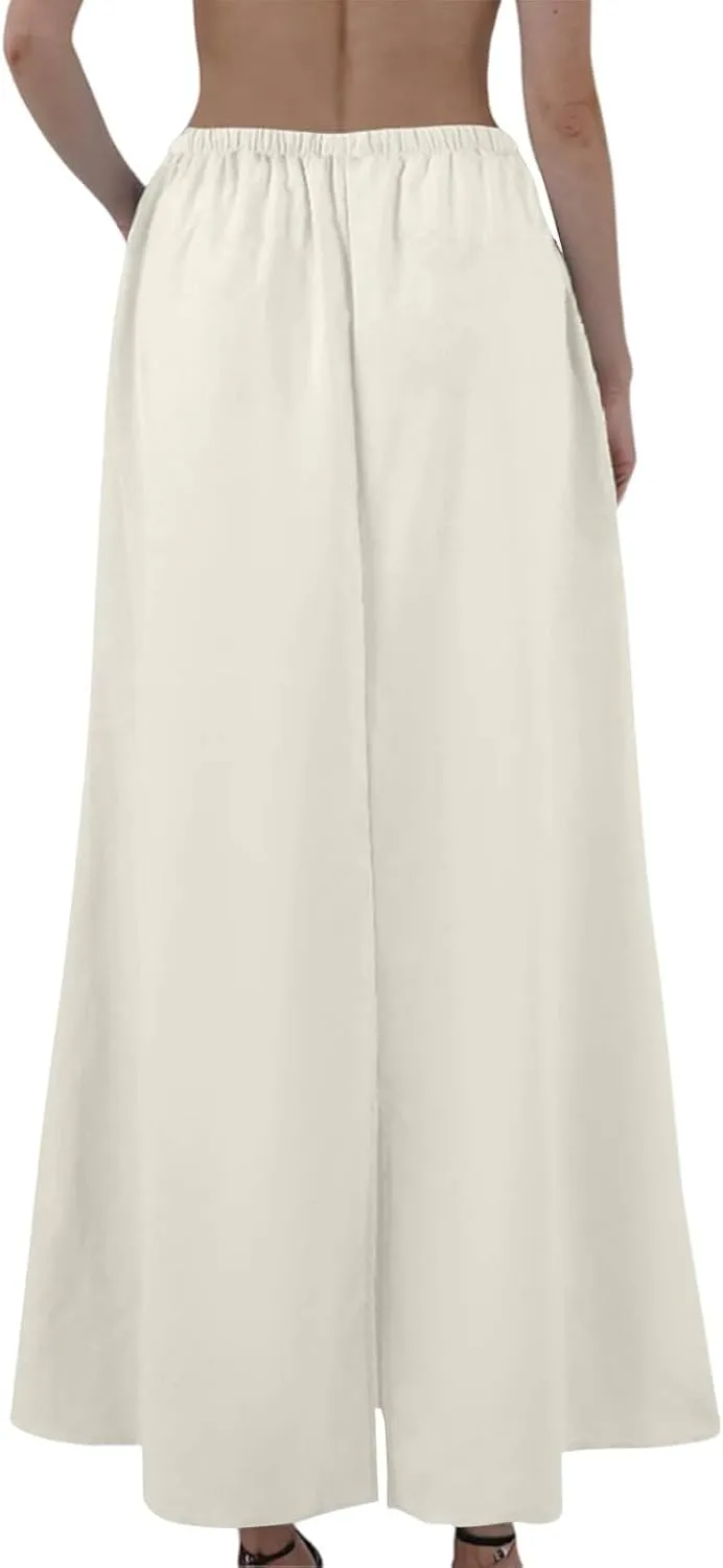 Womens Linen Skirt Maxi Summer Drawstring Elastic Aline Skirt Formal Back Slit Work Long Skirts (S-2Xl)