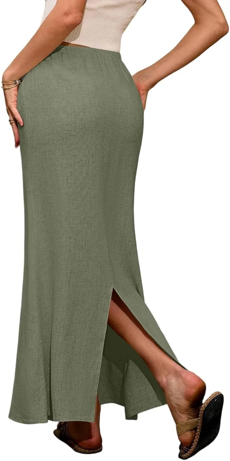 Womens Linen Skirt Maxi Summer Drawstring Elastic Aline Skirt Formal Back Slit Work Long Skirts (S-2Xl)