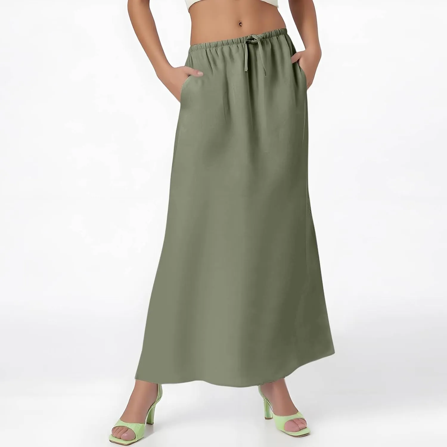 Womens Linen Skirt Maxi Summer Drawstring Elastic Aline Skirt Formal Back Slit Work Long Skirts (S-2Xl)