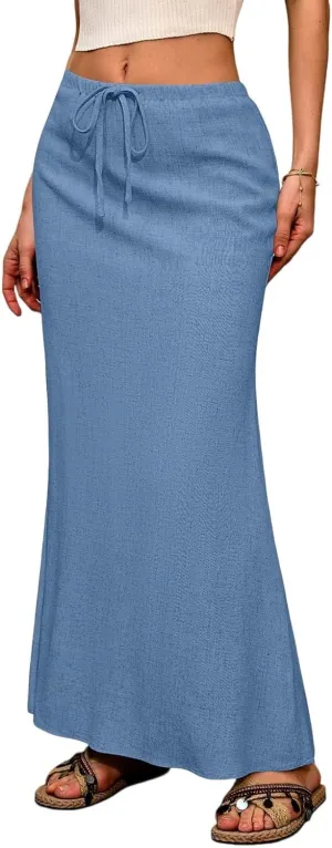 Womens Linen Skirt Maxi Summer Drawstring Elastic Aline Skirt Formal Back Slit Work Long Skirts (S-2Xl)