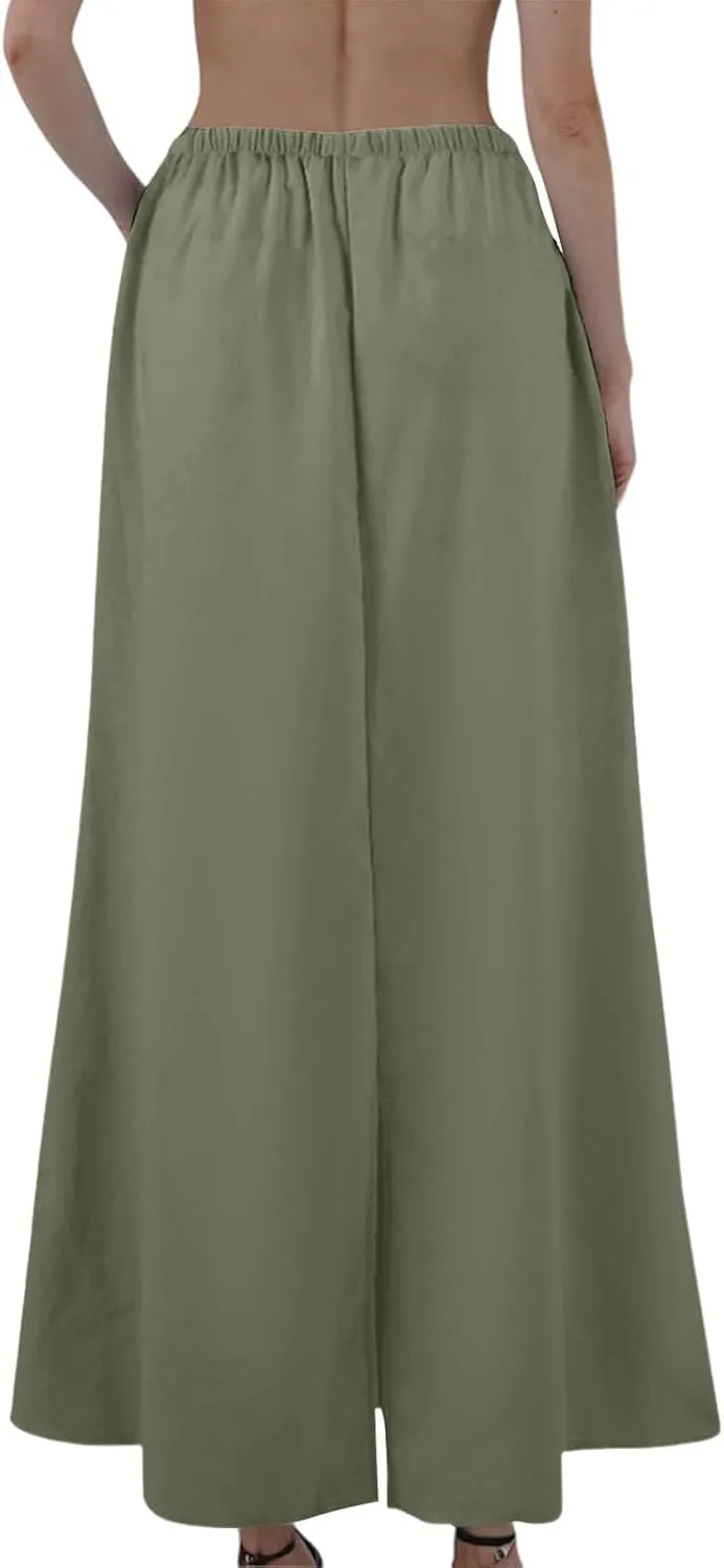 Womens Linen Skirt Maxi Summer Drawstring Elastic Aline Skirt Formal Back Slit Work Long Skirts (S-2Xl)