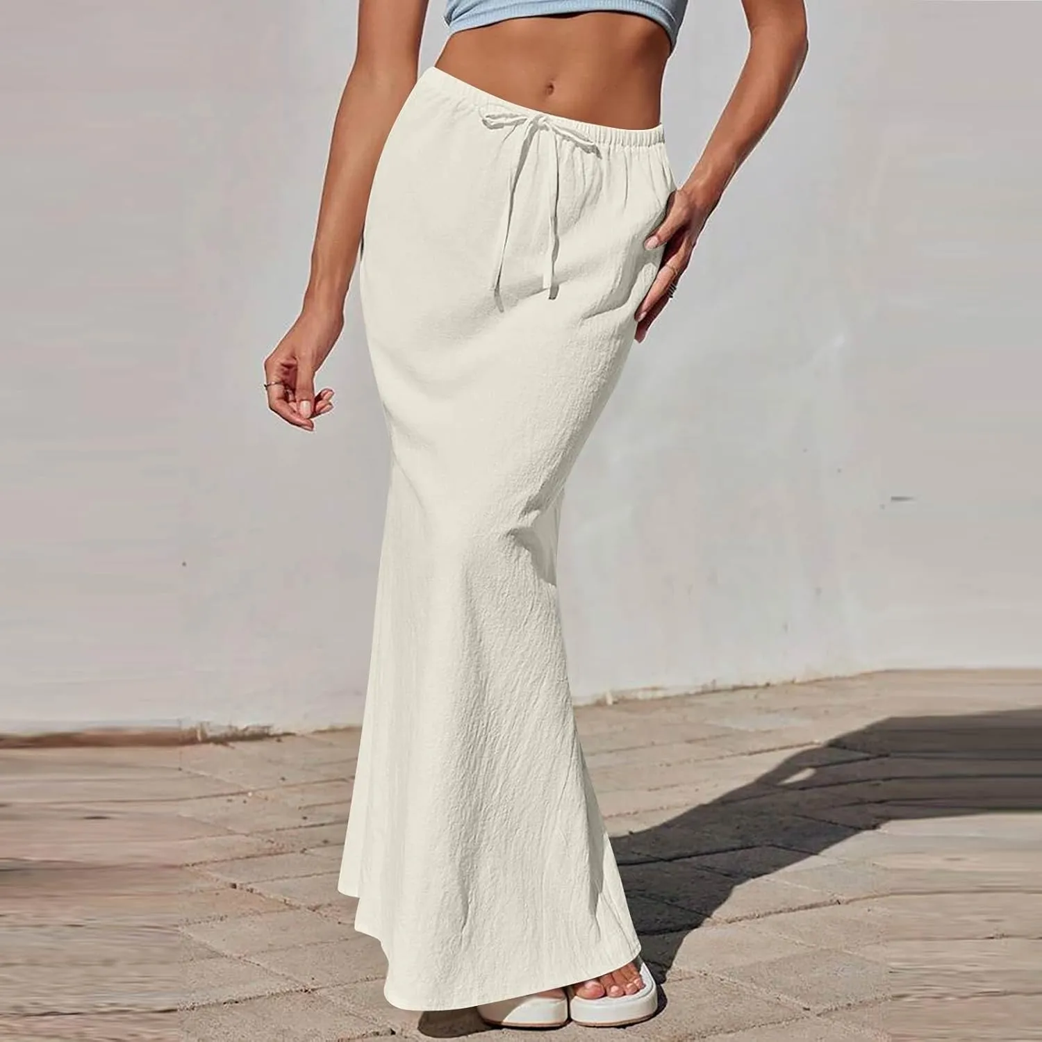 Womens Linen Skirt Maxi Summer Drawstring Elastic Aline Skirt Formal Back Slit Work Long Skirts (S-2Xl)