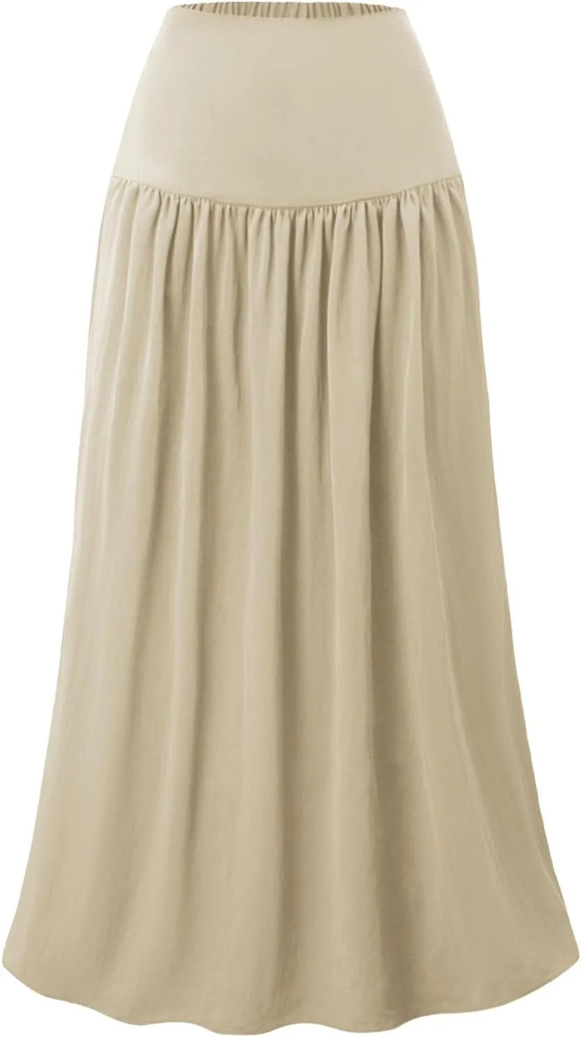 Women's Long Skirts Dressy Casual Maxi Skirt Summer Solid Color High Waist Pleated Wedding Guest Clothes with Pocket