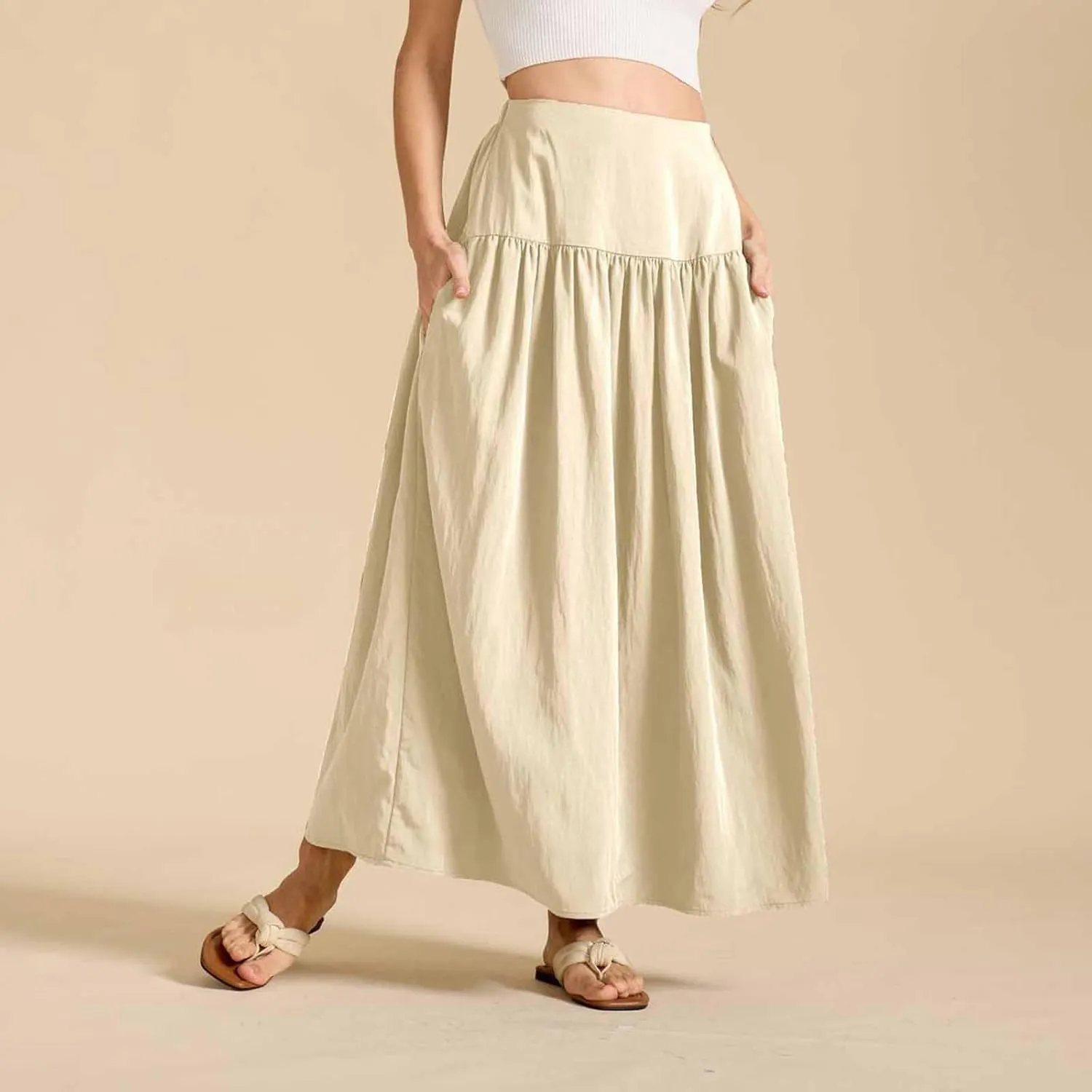 Women's Long Skirts Dressy Casual Maxi Skirt Summer Solid Color High Waist Pleated Wedding Guest Clothes with Pocket