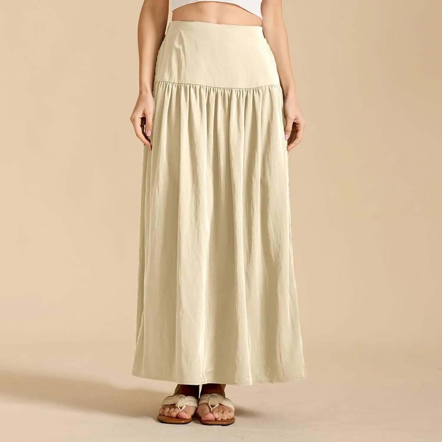 Women's Long Skirts Dressy Casual Maxi Skirt Summer Solid Color High Waist Pleated Wedding Guest Clothes with Pocket