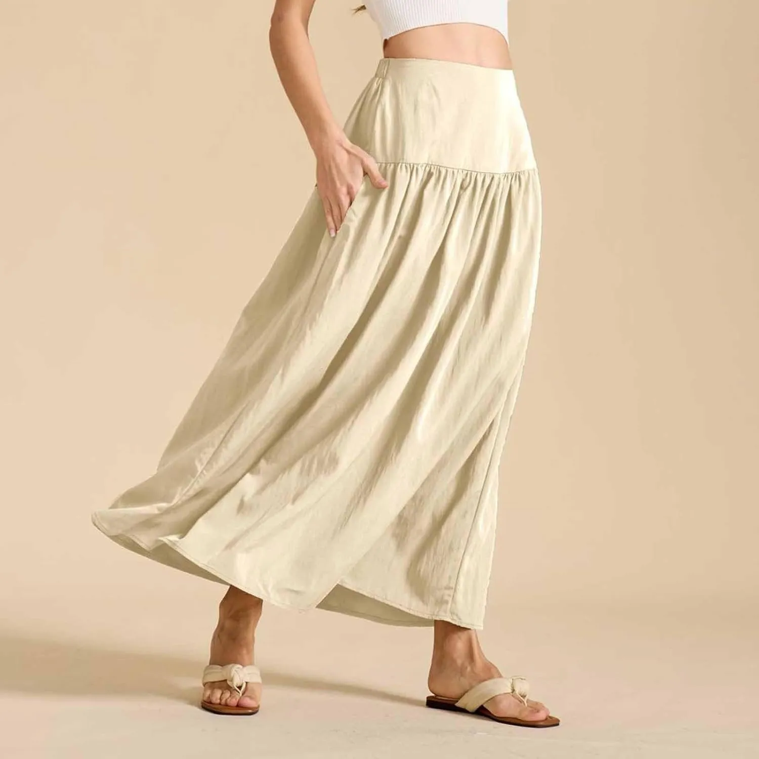 Women's Long Skirts Dressy Casual Maxi Skirt Summer Solid Color High Waist Pleated Wedding Guest Clothes with Pocket