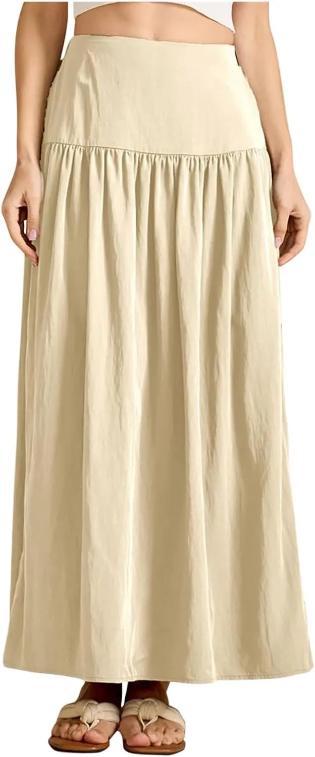 Women's Long Skirts Dressy Casual Maxi Skirt Summer Solid Color High Waist Pleated Wedding Guest Clothes with Pocket