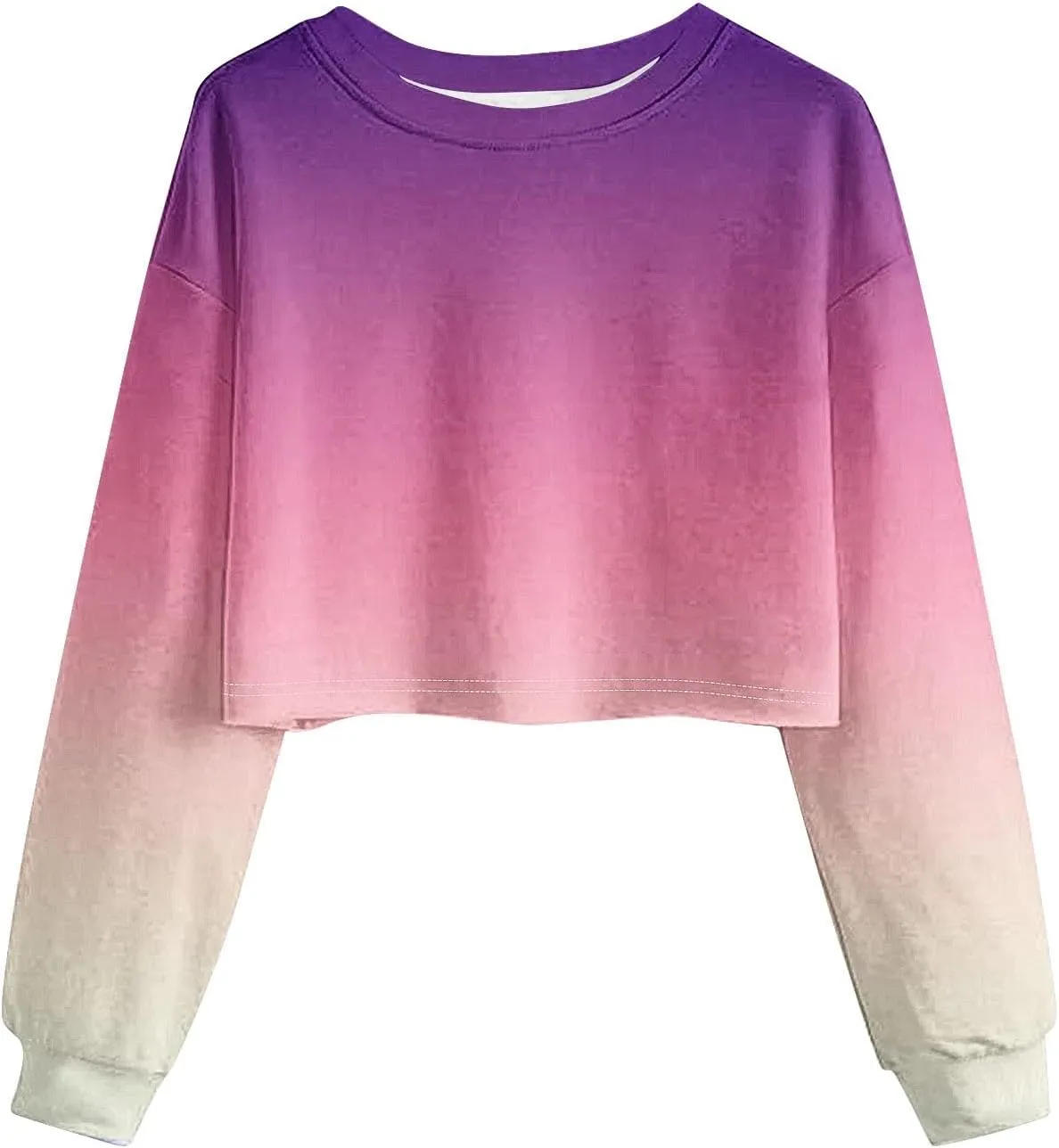 Womens Long Sleeve Cropped T-Shirts Ombre Round Neck Drop Shoulder Crop Sweatshirts Fleece Casual Workout Crop Tops