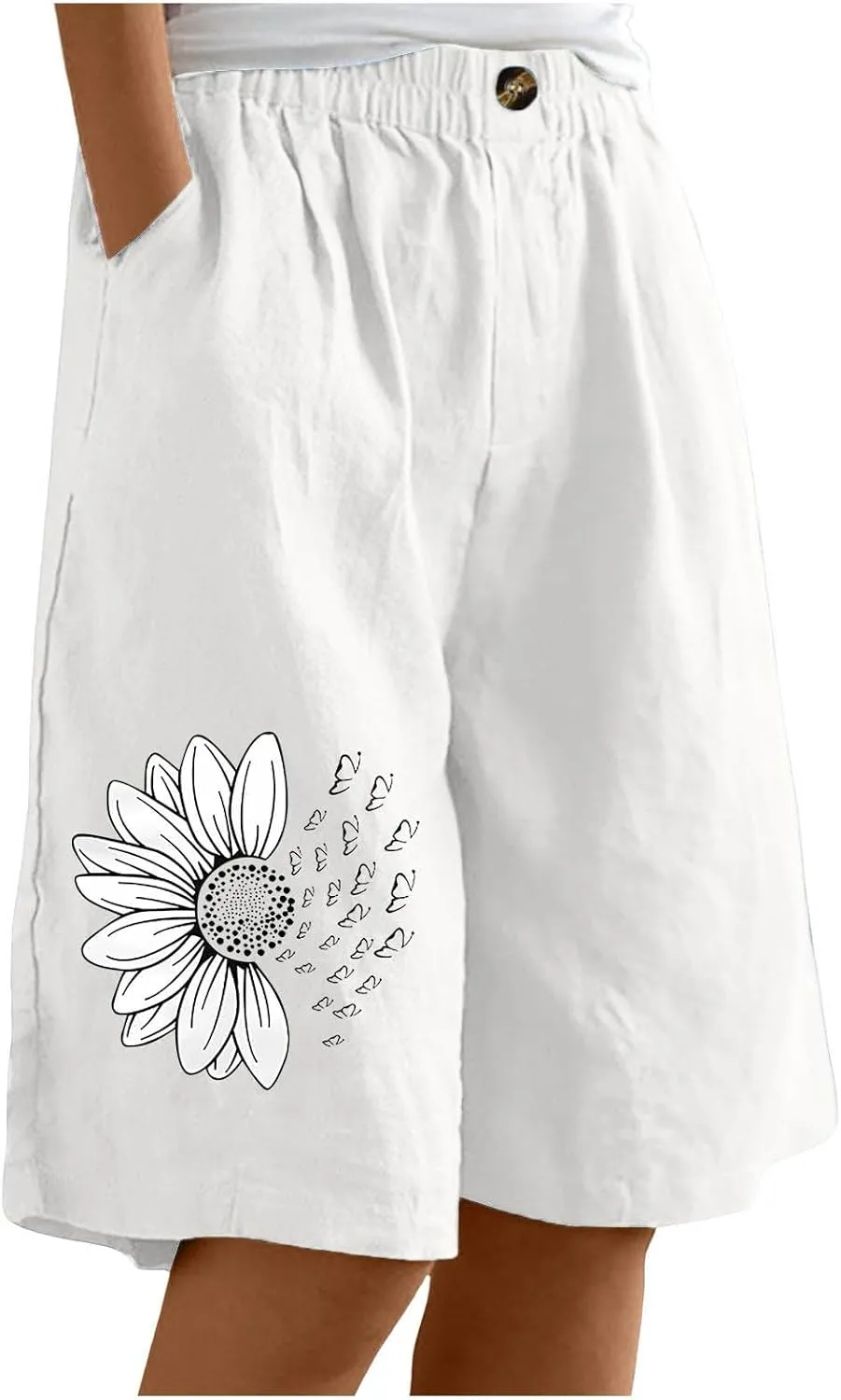 Women's Loose Bermuda Shorts Knee Length Daisy Printing Button Front Shorts Breathable Stretchy Soft-Fit Casual Short