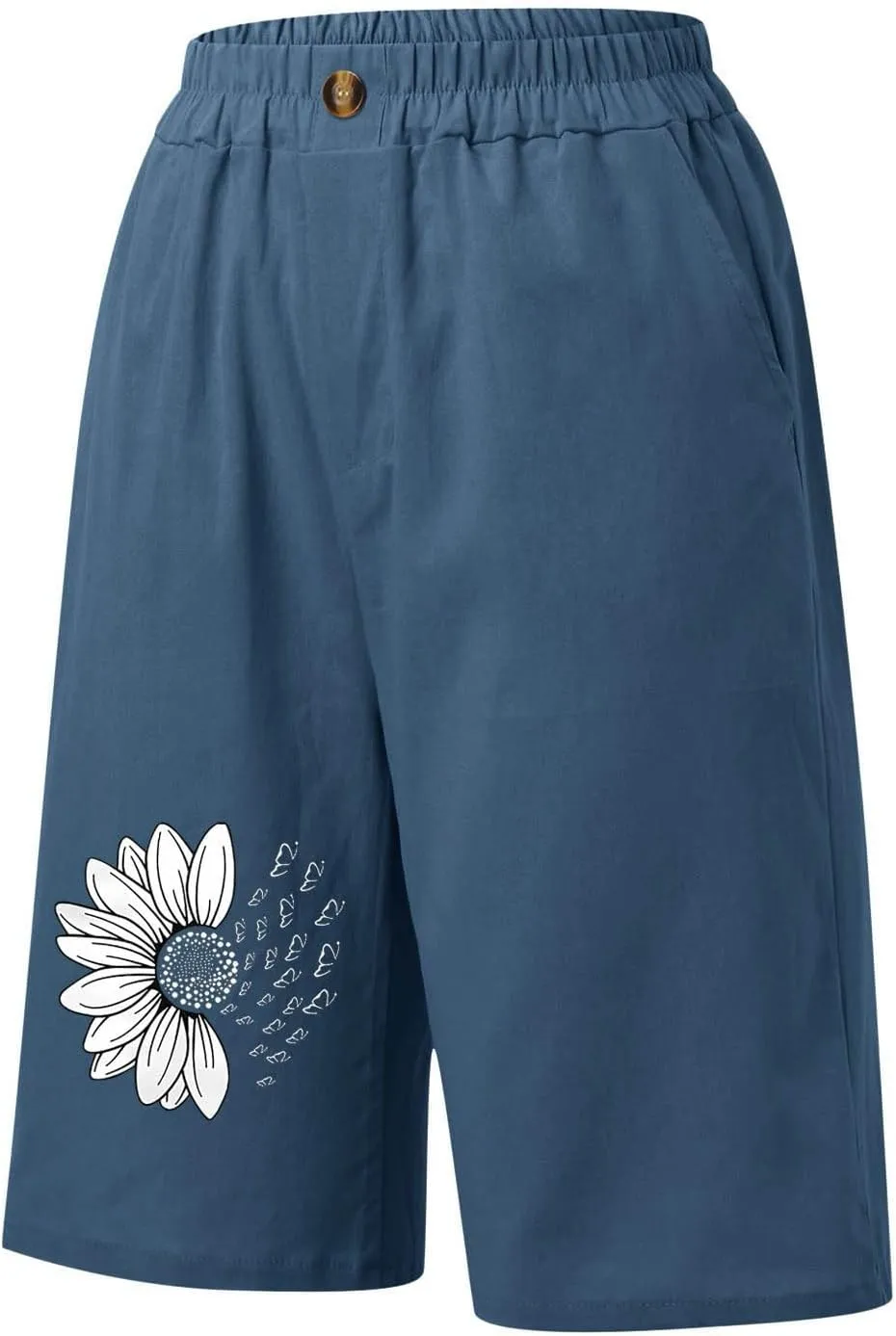 Women's Loose Bermuda Shorts Knee Length Daisy Printing Button Front Shorts Breathable Stretchy Soft-Fit Casual Short