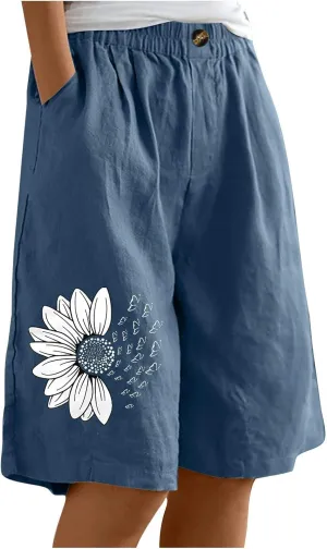 Women's Loose Bermuda Shorts Knee Length Daisy Printing Button Front Shorts Breathable Stretchy Soft-Fit Casual Short