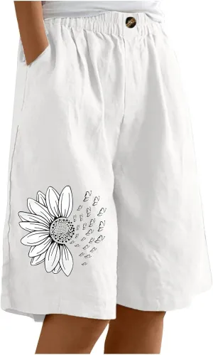Women's Loose Bermuda Shorts Knee Length Daisy Printing Button Front Shorts Breathable Stretchy Soft-Fit Casual Short