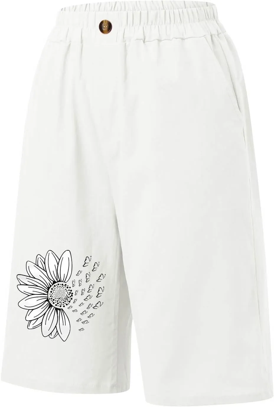 Women's Loose Bermuda Shorts Knee Length Daisy Printing Button Front Shorts Breathable Stretchy Soft-Fit Casual Short
