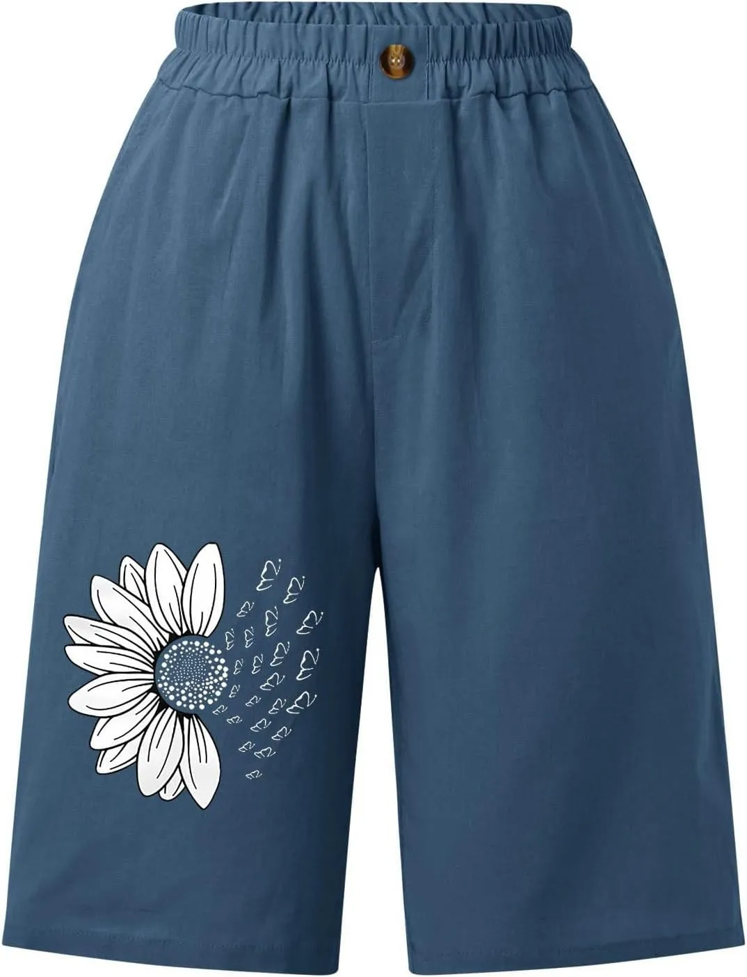 Women's Loose Bermuda Shorts Knee Length Daisy Printing Button Front Shorts Breathable Stretchy Soft-Fit Casual Short