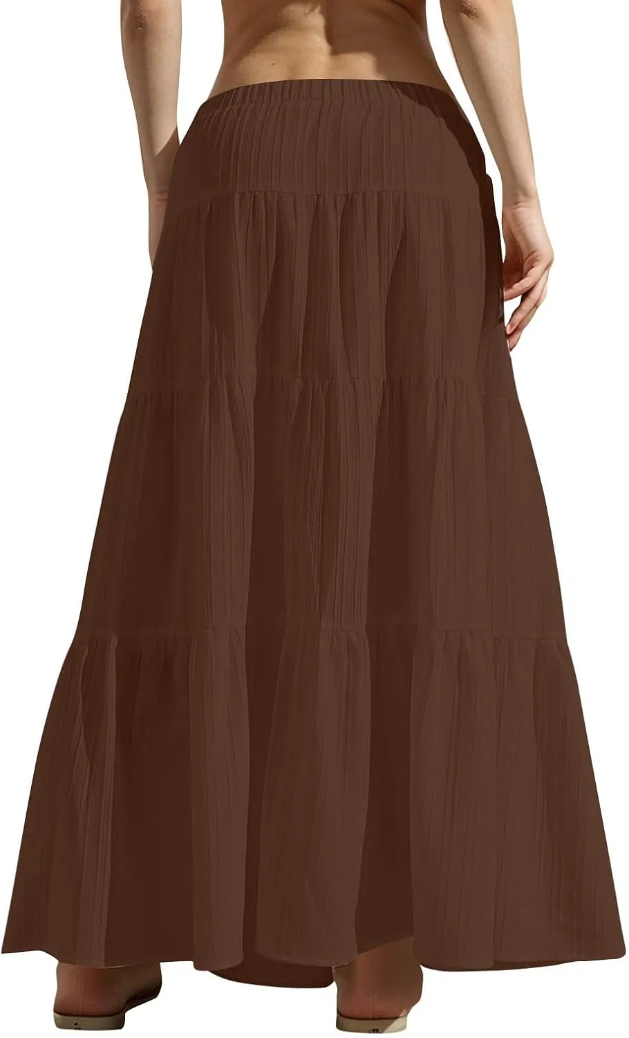 Women's Maxi Skirt Drawstring Elastic Waist Tiered Long Flowy Skirts Summer Vacation A-Line Pleated Skirts