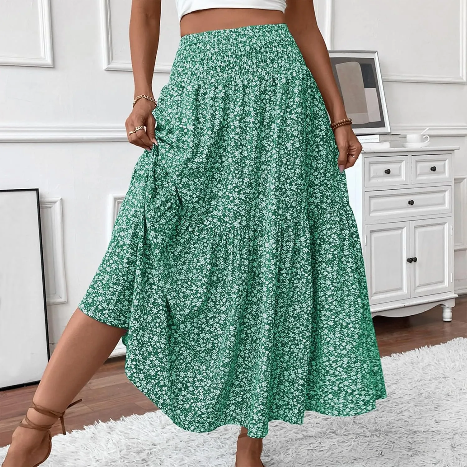 Womens Maxi Skirt Floral Boho Elastic High Waist Drawstring Pleated Beach Skirt A-Line Flowy Tiered Long Skirts