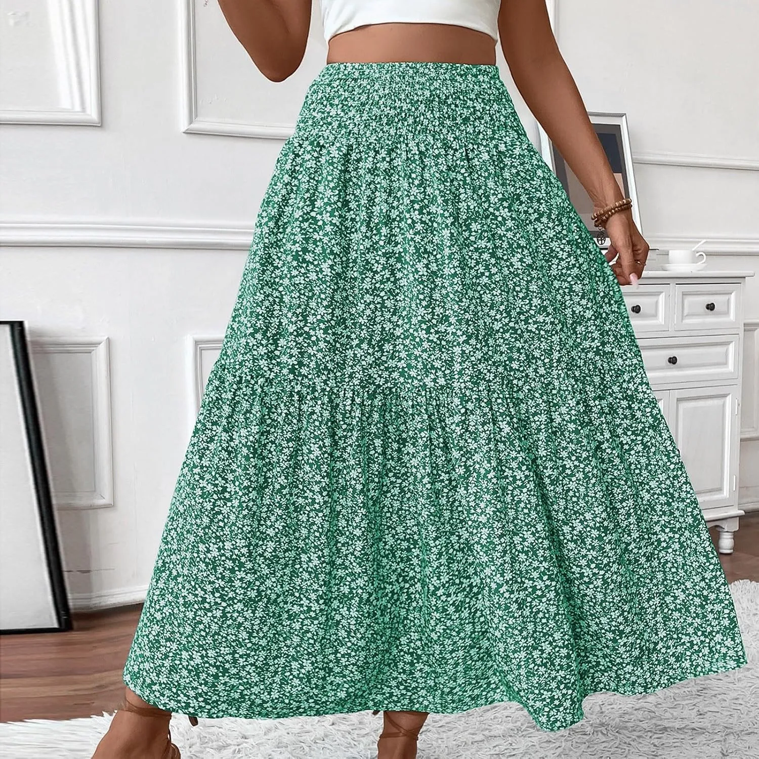 Womens Maxi Skirt Floral Boho Elastic High Waist Drawstring Pleated Beach Skirt A-Line Flowy Tiered Long Skirts