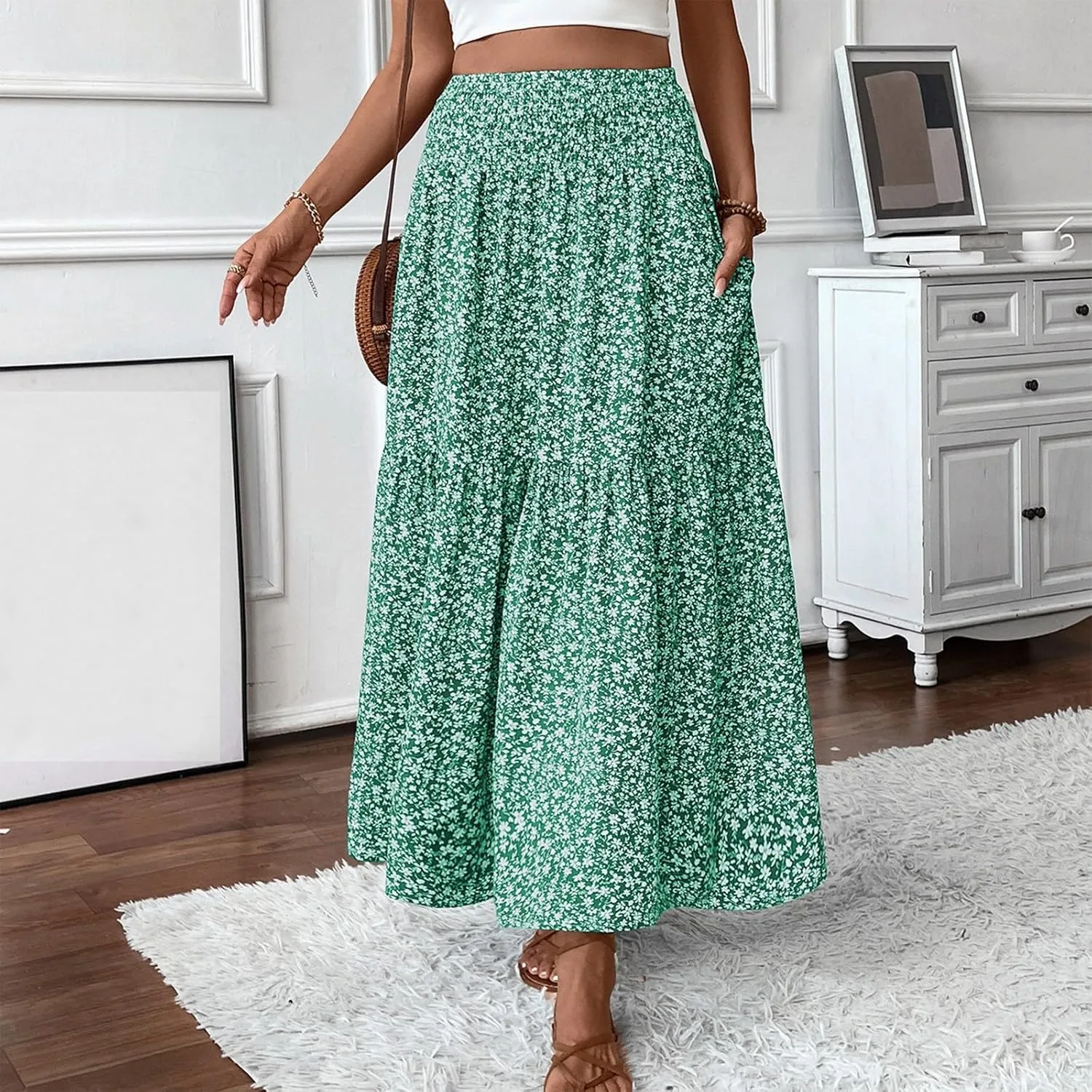 Womens Maxi Skirt Floral Boho Elastic High Waist Drawstring Pleated Beach Skirt A-Line Flowy Tiered Long Skirts