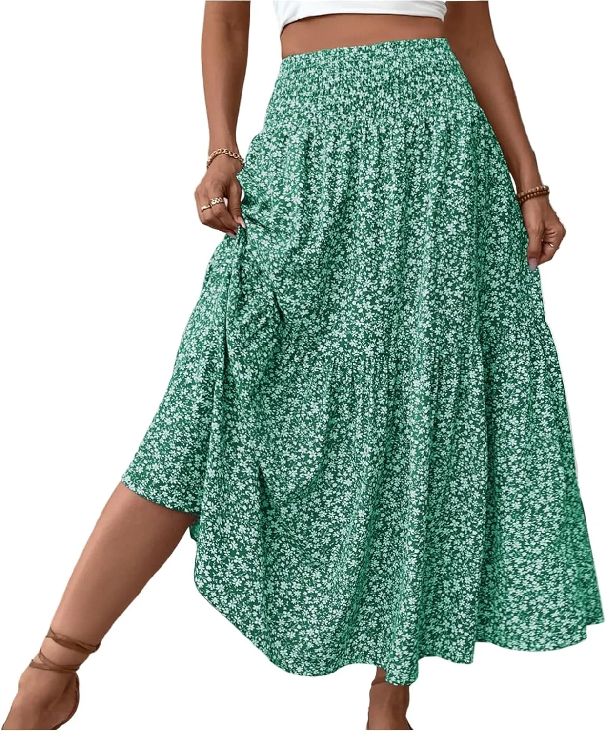 Womens Maxi Skirt Floral Boho Elastic High Waist Drawstring Pleated Beach Skirt A-Line Flowy Tiered Long Skirts
