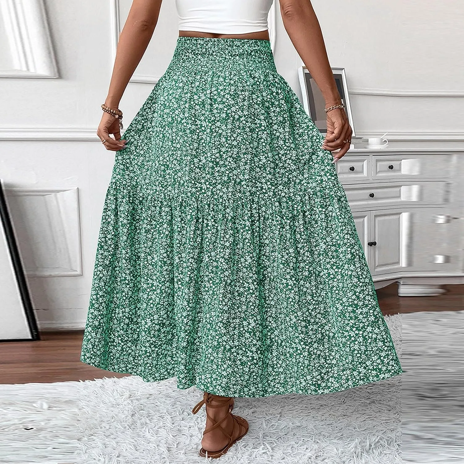 Womens Maxi Skirt Floral Boho Elastic High Waist Drawstring Pleated Beach Skirt A-Line Flowy Tiered Long Skirts