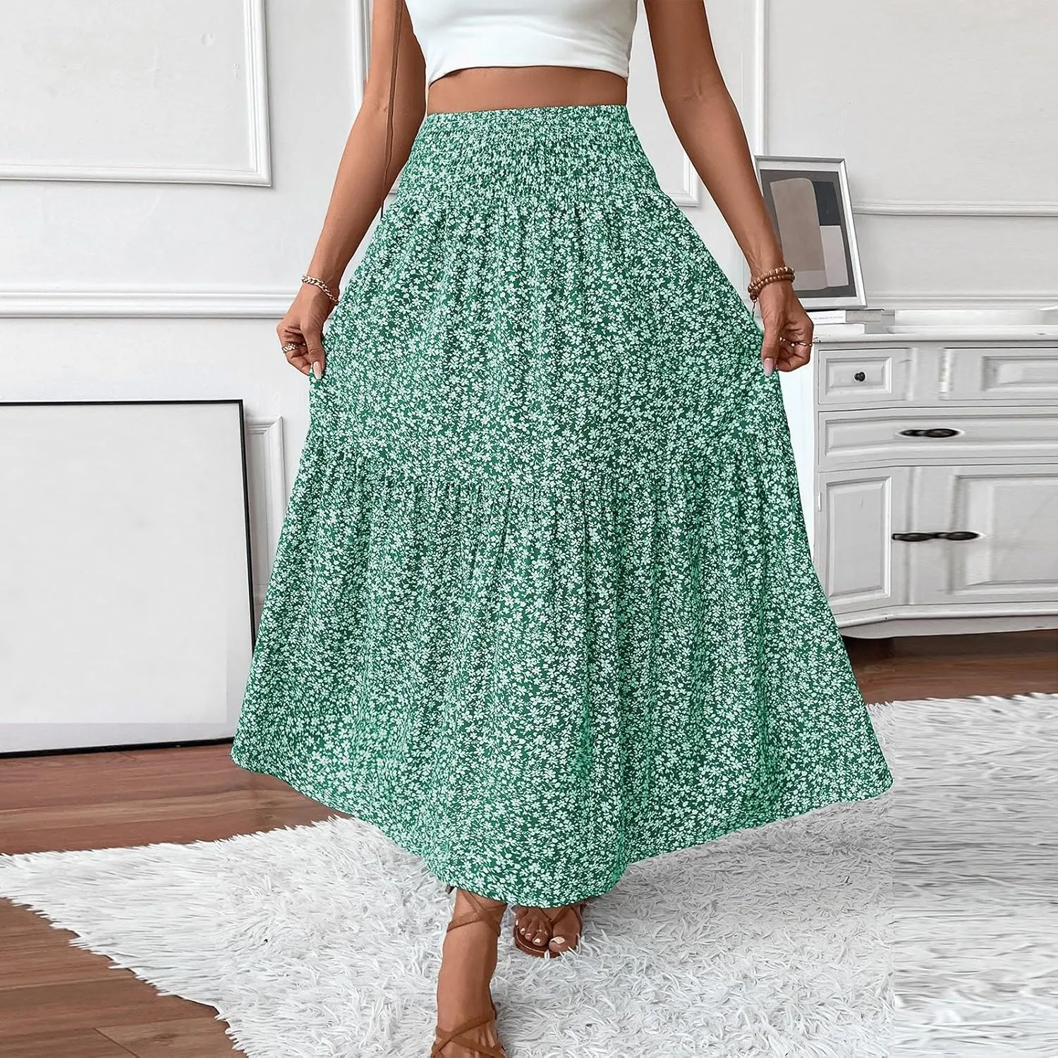 Womens Maxi Skirt Floral Boho Elastic High Waist Drawstring Pleated Beach Skirt A-Line Flowy Tiered Long Skirts