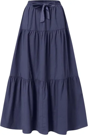 Womens Maxi Skirt Summer Layered Tiered Elastic Skirts for Work Pleated A Line Skirt Flowy Long Skirts Flowy (S-2Xl)