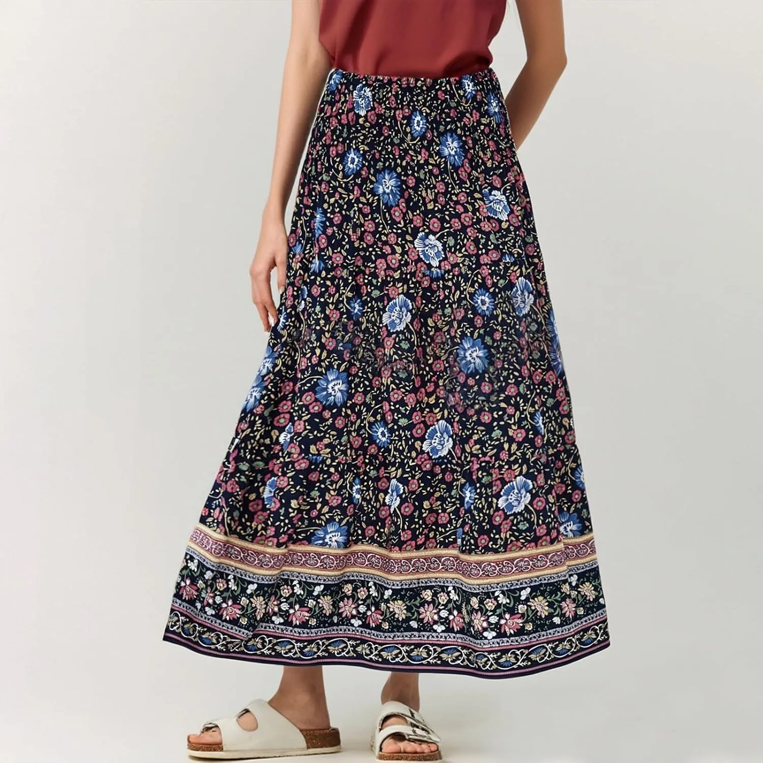 Women's Maxi Skirts Summer Tiered Drawstring Elastic High Waisted Skirt Pleated Aline Skirt Casual Flowy Long Skirt