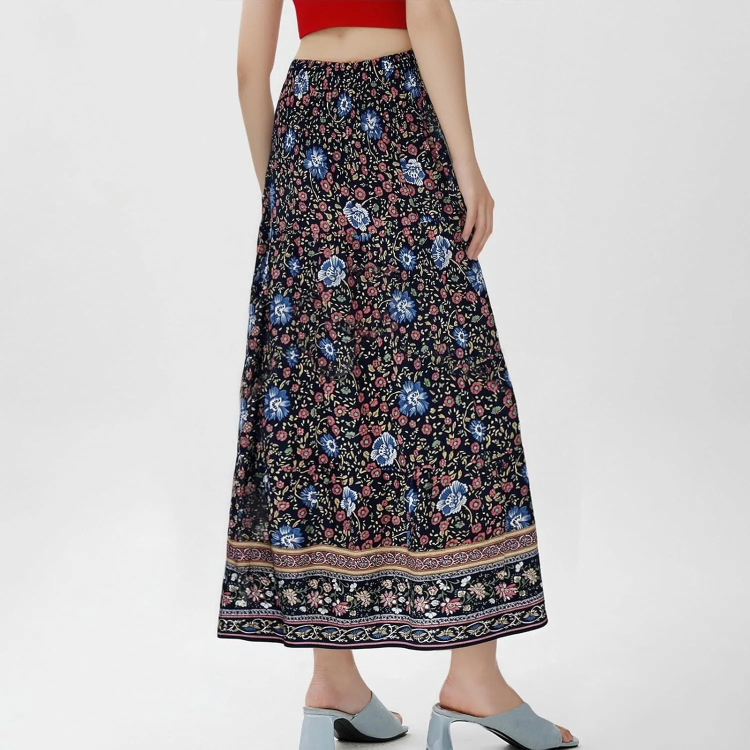 Women's Maxi Skirts Summer Tiered Drawstring Elastic High Waisted Skirt Pleated Aline Skirt Casual Flowy Long Skirt