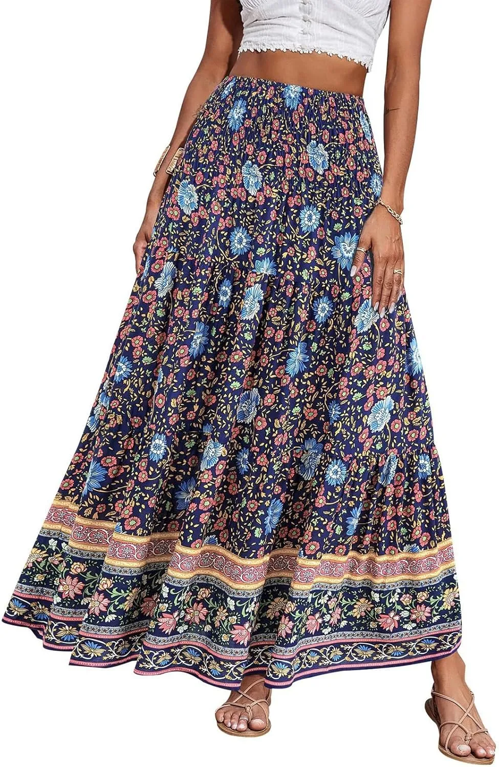 Women's Maxi Skirts Summer Tiered Drawstring Elastic High Waisted Skirt Pleated Aline Skirt Casual Flowy Long Skirt