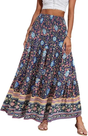 Women's Maxi Skirts Summer Tiered Drawstring Elastic High Waisted Skirt Pleated Aline Skirt Casual Flowy Long Skirt