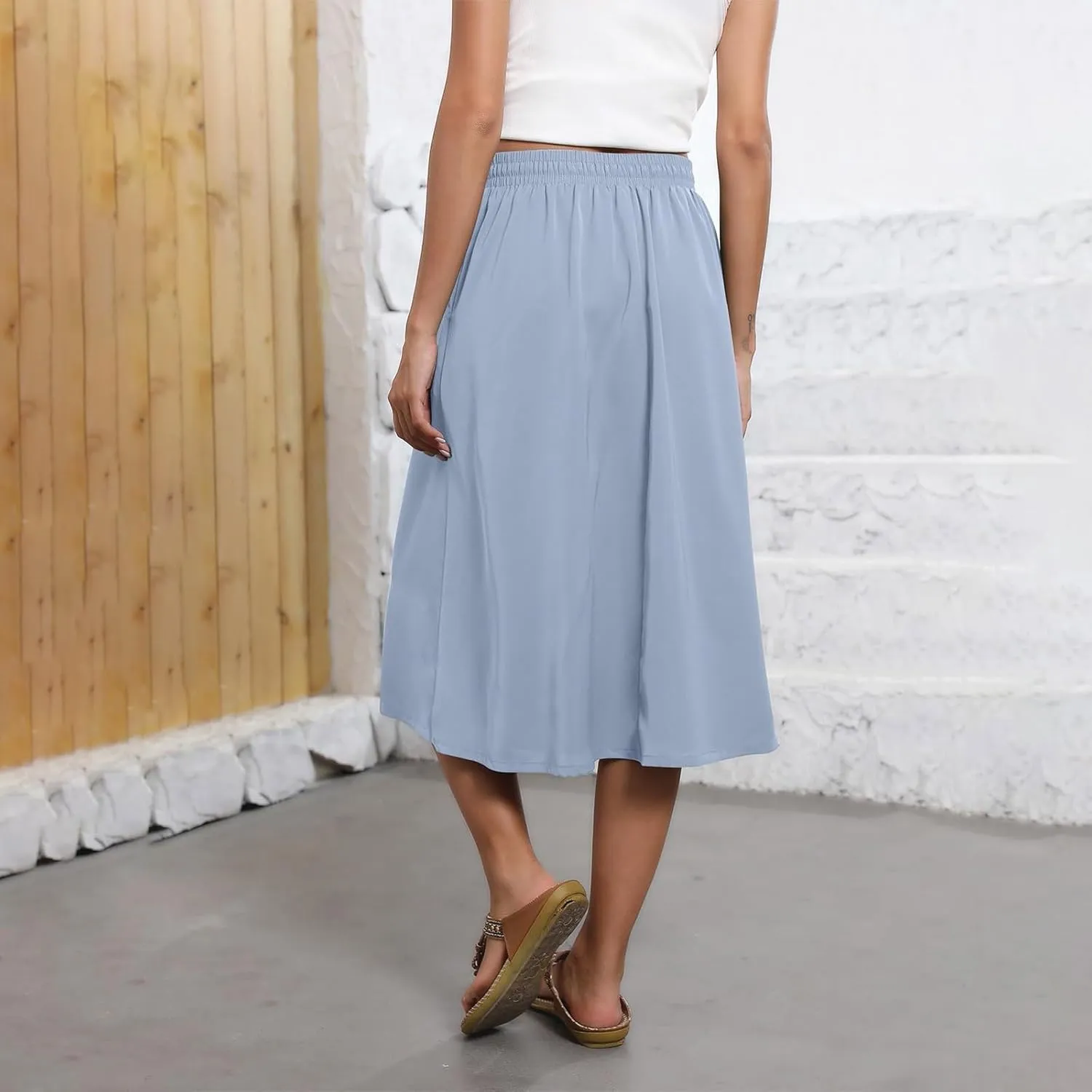 Women's Midi Boho Floral Skirts Trendy A Line Skirt Comfy Flowy Drawstring High Elastic Waist Skorts with Pockets